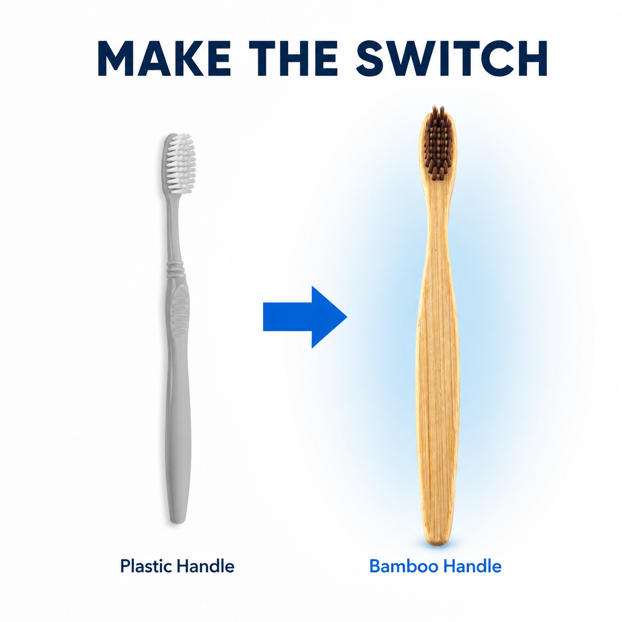 Comparison showing a switch from a plastic toothbrush handle to the BriteWite bamboo handle