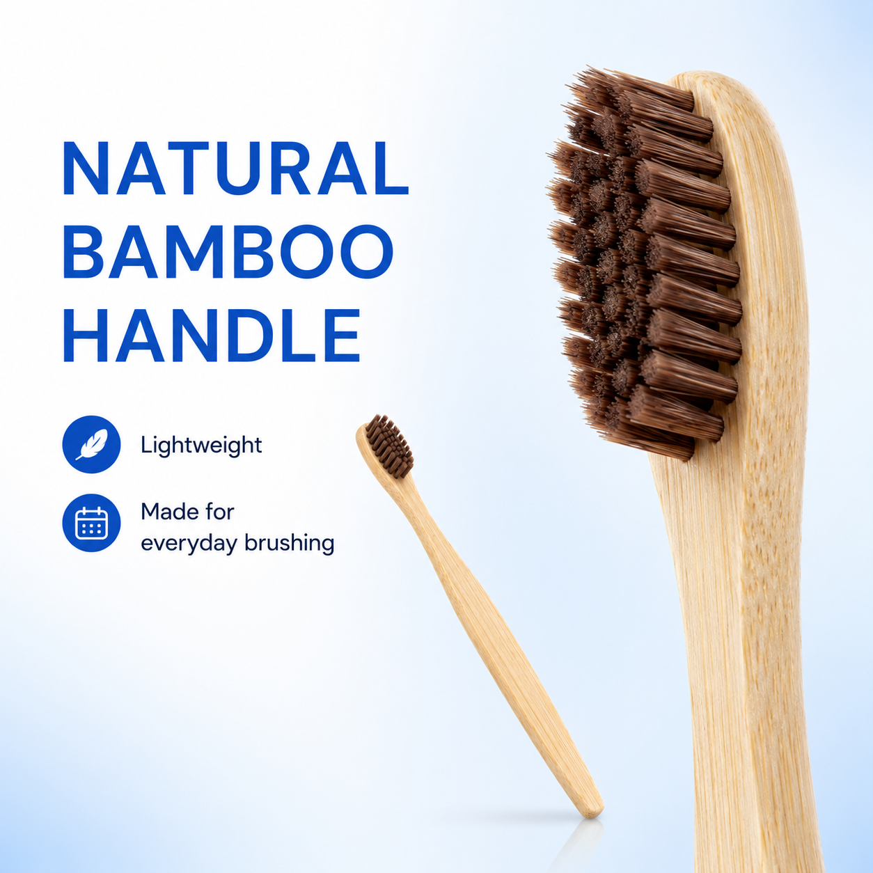 Close-up of BriteWite toothbrush natural bamboo handle and dark brown bristles