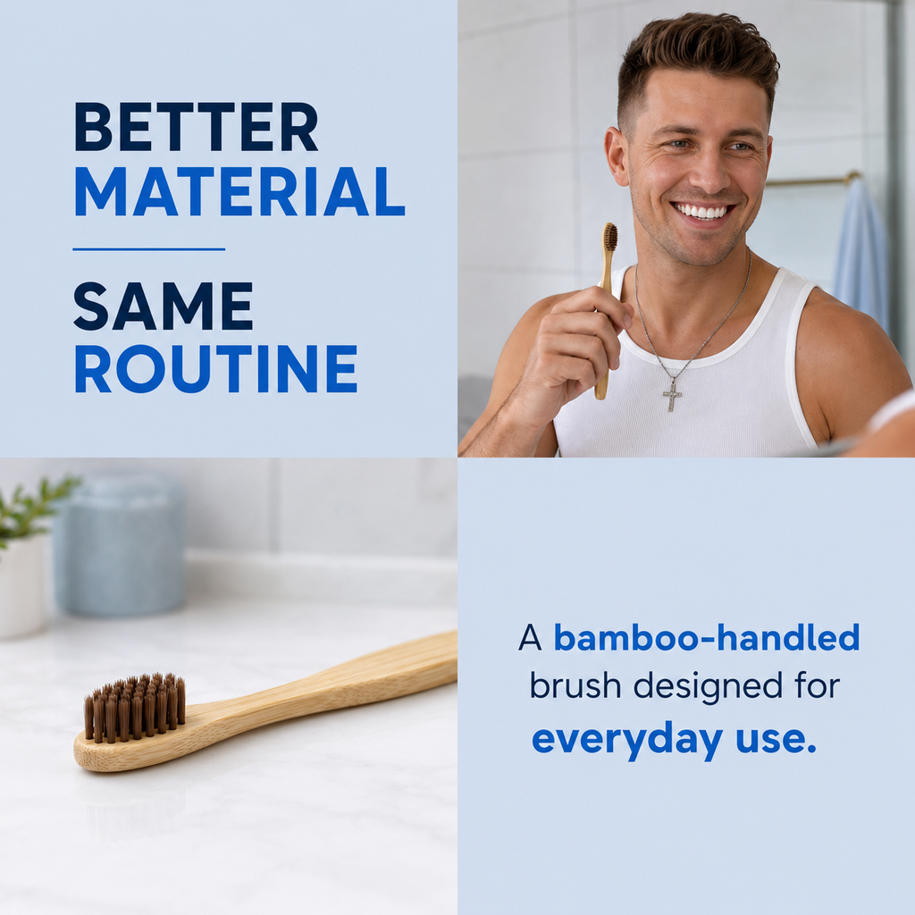 BriteWite bamboo toothbrush in a clean bathroom with Better Material Same Routine message